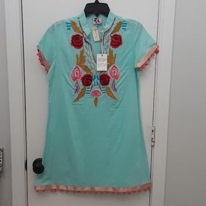 (NWT) ZUDOR Handmade Blue Embroidered Tunic Dress